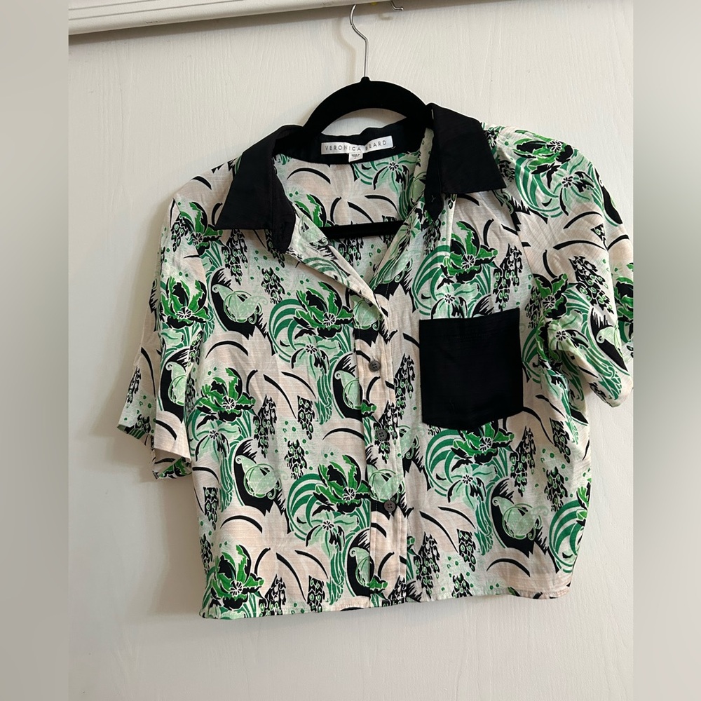 Veronica Beard Green and Black Floral cropped blouse